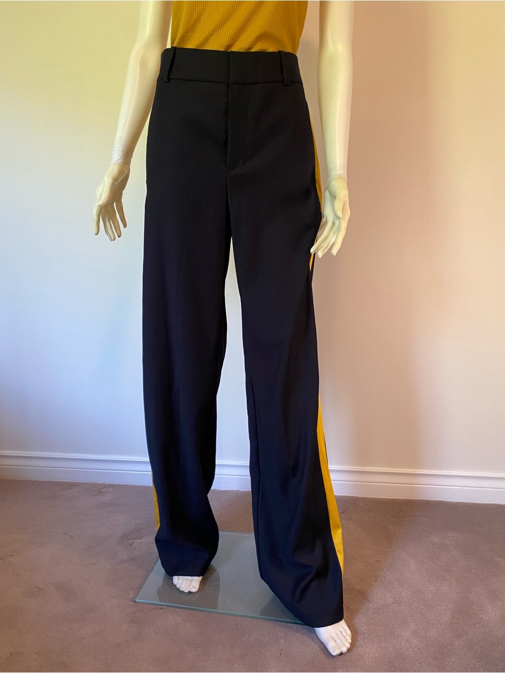 DarkNavy Wide-Leg Trousers with Yellow Side Stripe